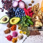Anti-inflammatory vegetables, fruits, legumes, nuts and spices relieving health problems - vegetables, fruits, legumes, nuts and spices for health benefits on wooden table - healthy eating, superfood, copy space